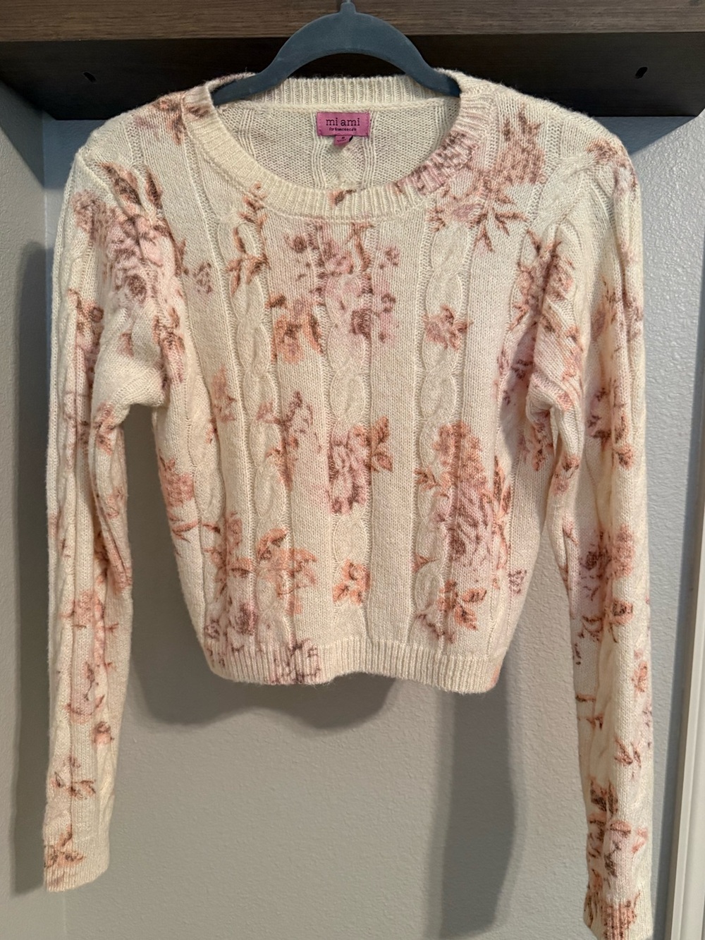 miami Cream Cable-Knit Crewneck Sweater with Pink Floral Print